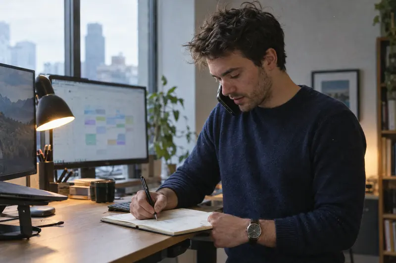An executive assistant on the phone writing in a paper planner at a standing desk
