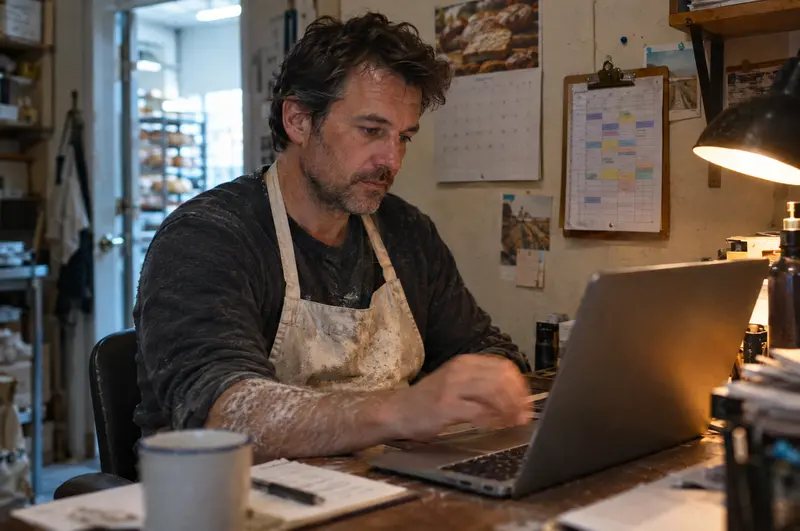 A bakery owner in an apron reviewing staff timesheets on a laptop in his back office