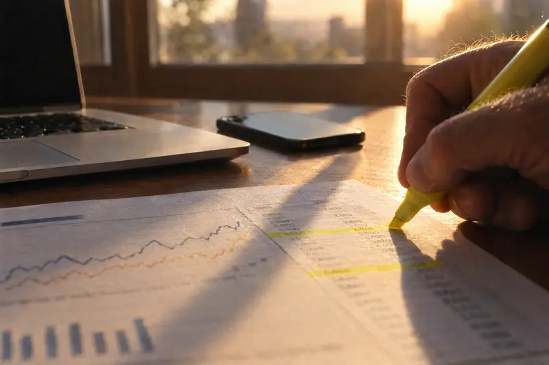 A hand highlighting a row on a printed monthly cash flow report