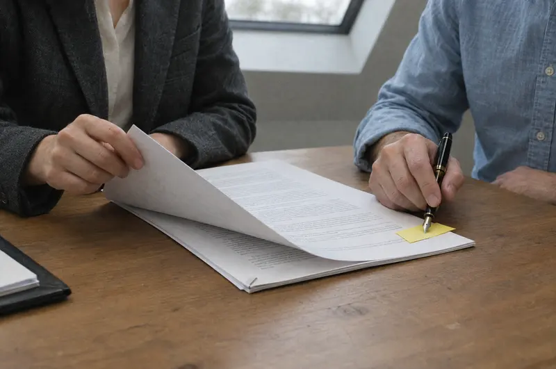 Two people reviewing a multi-page supplier contract across a wooden table