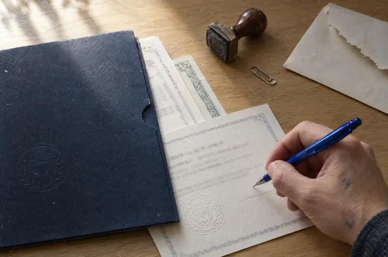 A hand about to sign certificates from a navy document folder, a stamp beside it