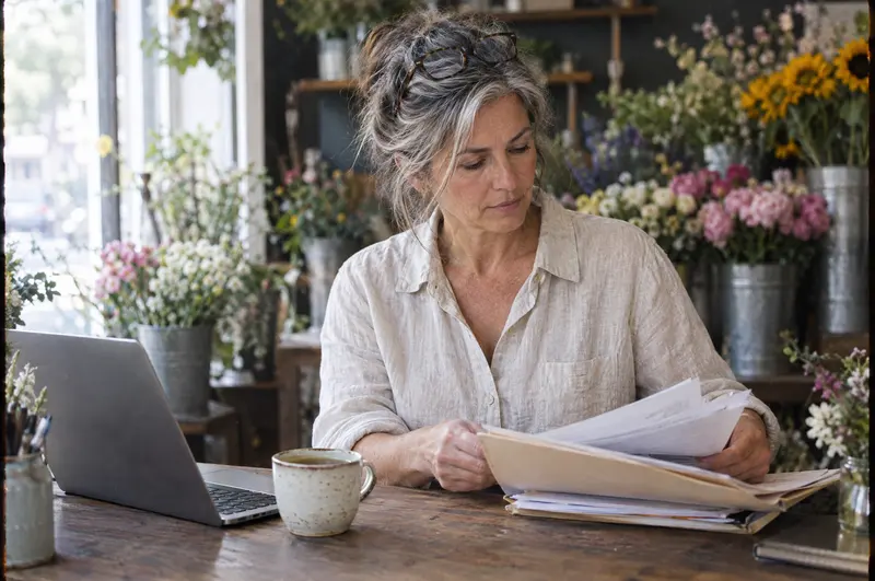 A flower shop owner reviewing a folder of tax paperwork at her counter