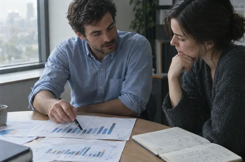 Two people reviewing printed charts and handwritten figures at a conference table