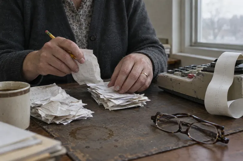 A bookkeeper sorting paper receipts beside a desk calculator