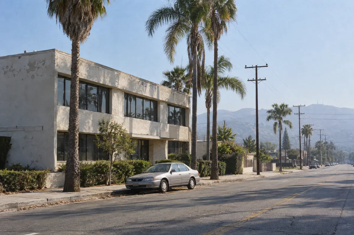 A palm-lined boulevard in North Hollywood with a two-story office building in morning sun