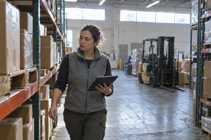An operations manager with a tablet checking stock in a small warehouse