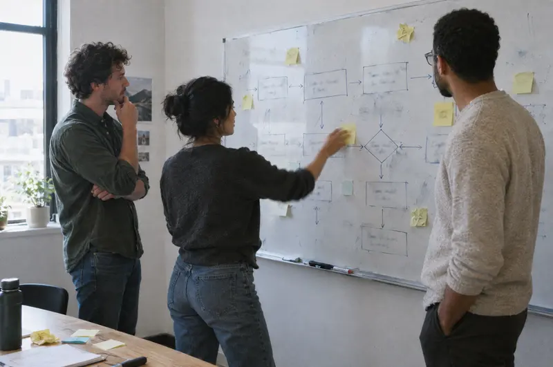 A small team mapping a process flowchart on a whiteboard with sticky notes